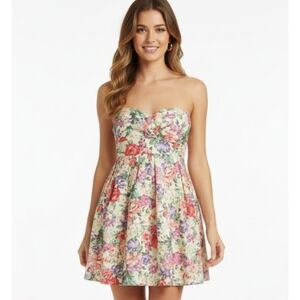 Sans Souci Pink and Green Pleated Strapless Sundress Sz M